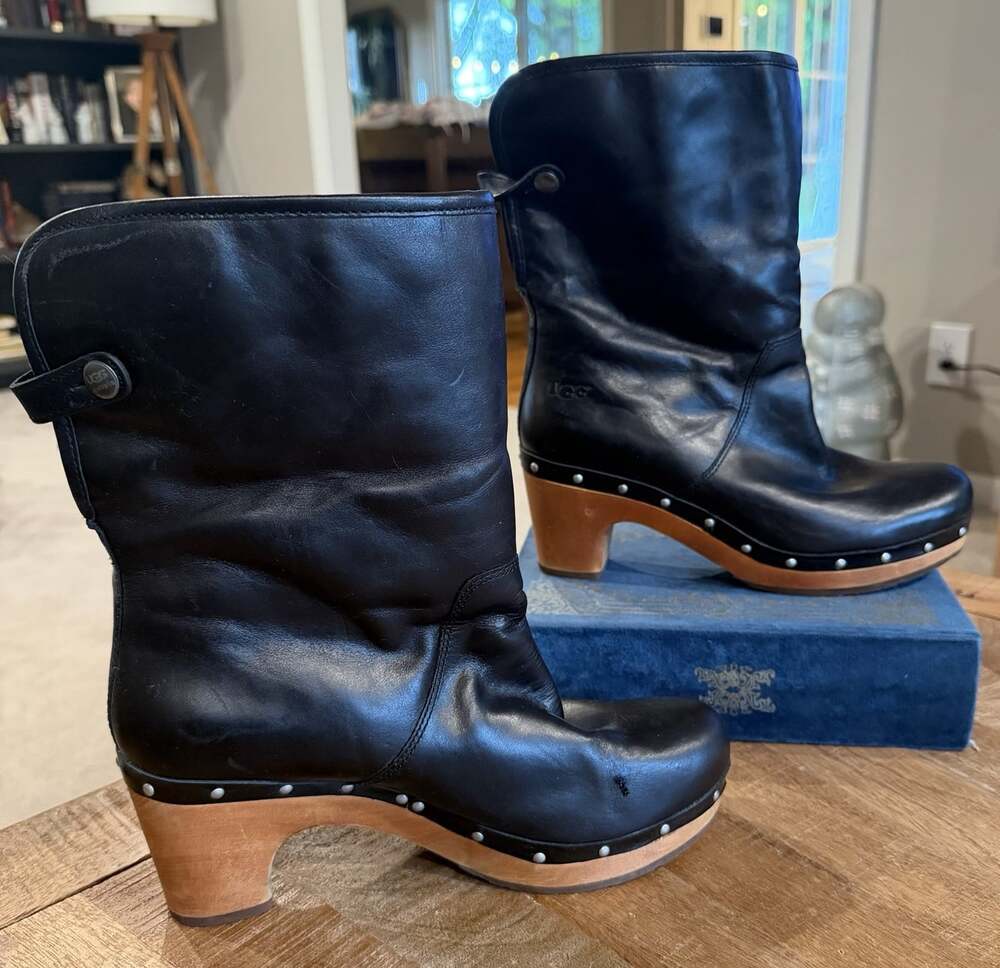 UGG Lynnea 1958 Black Leather Shearling Clog Boots Women’s Size 8 Wood Heel
